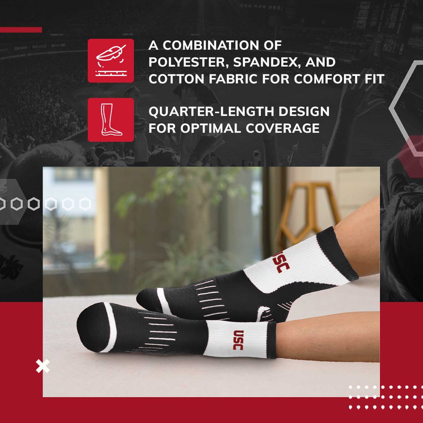 USC Trojans Adult Surge Quarter Length Crew Socks for Men and Women - Black