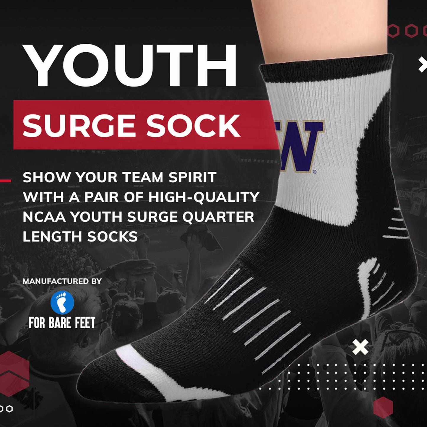 Washington Huskies NCAA Youth Surge Team Mascot Quarter Socks - Black