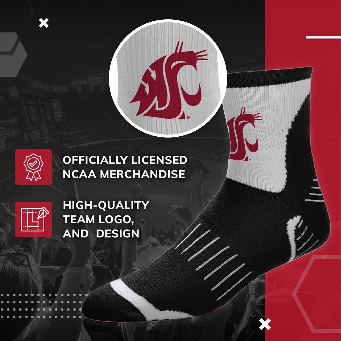 Washington State Cougars NCAA Youth Surge Team Mascot Quarter Socks - Black