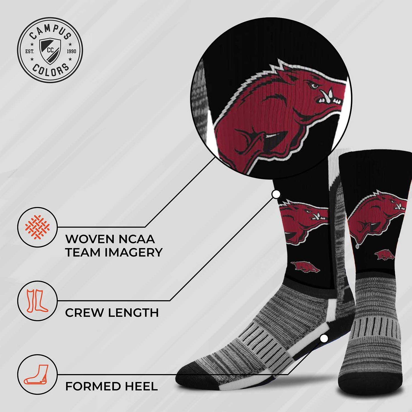 Arkansas Razorbacks NCAA Adult State and University Crew Socks - Black