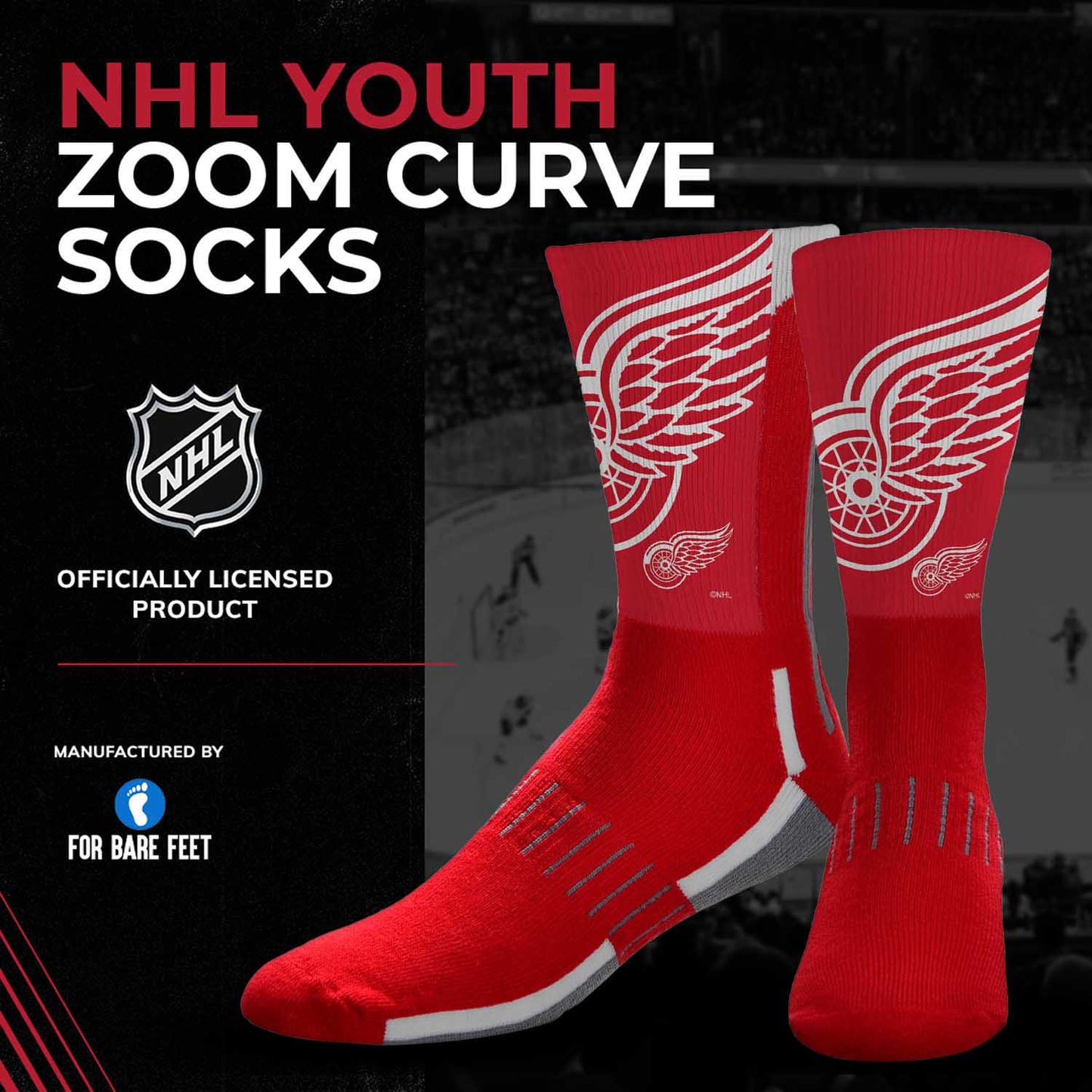 Detroit Red Wings Youth NHL Zoom Curve Team Crew Socks - Red