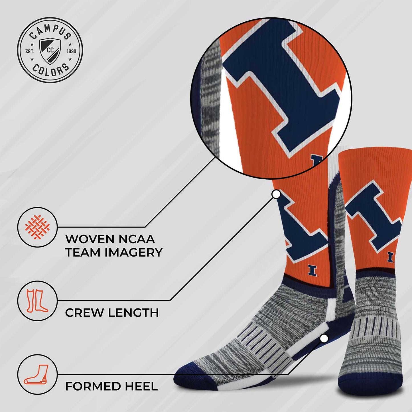 Illinois Fighting Illini NCAA Adult State and University Crew Socks - Orange