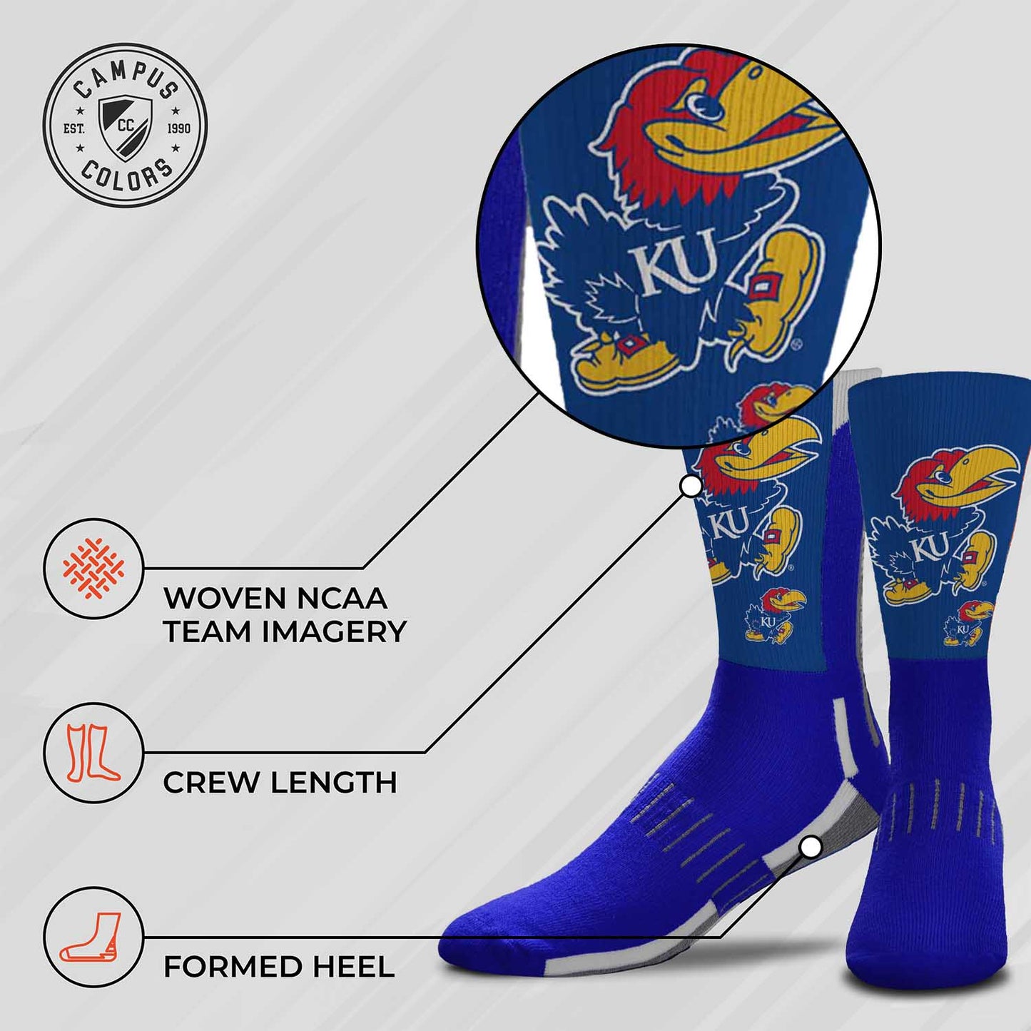 Kansas Jayhawks NCAA Adult State and University Crew Socks - Blue