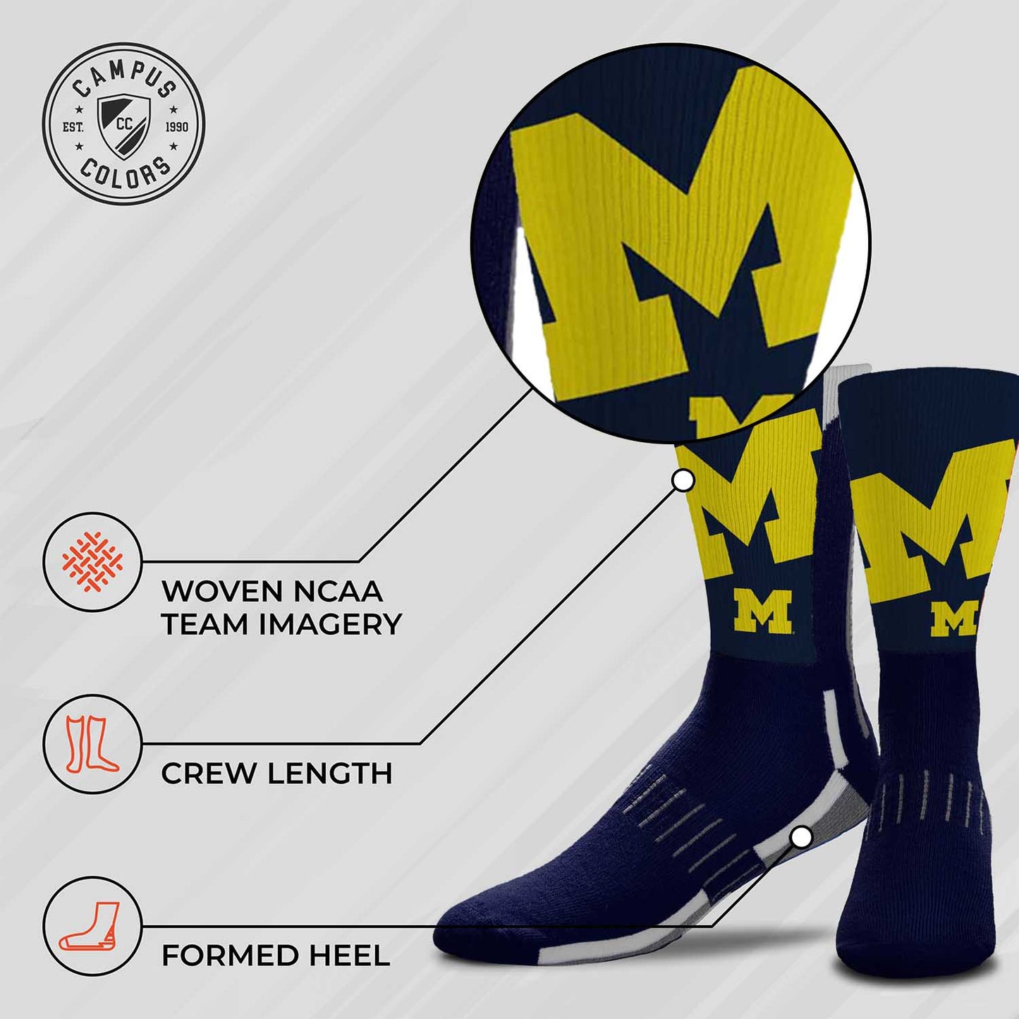 Michigan Wolverines NCAA Adult State and University Crew Socks - Indigo/Navy