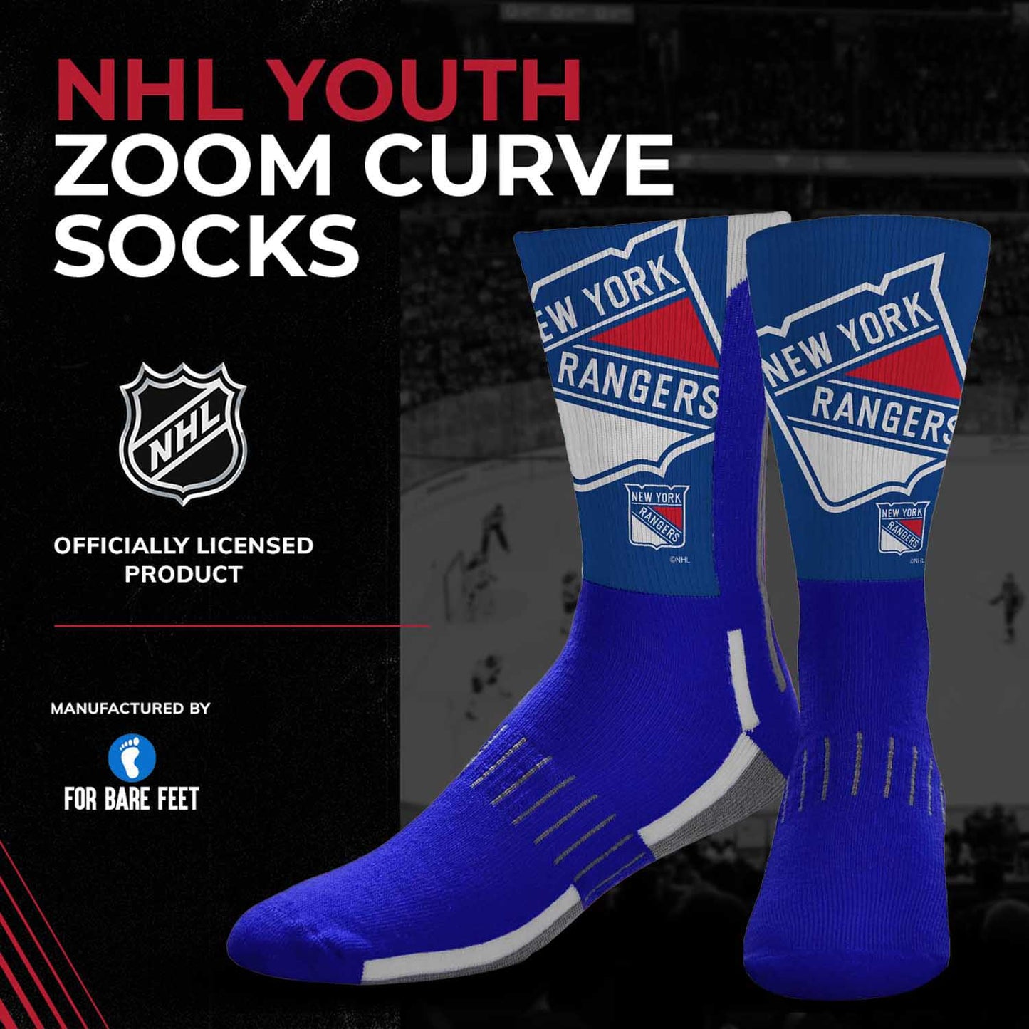 New York Rangers Youth NHL Zoom Curve Team Crew Socks - Royal