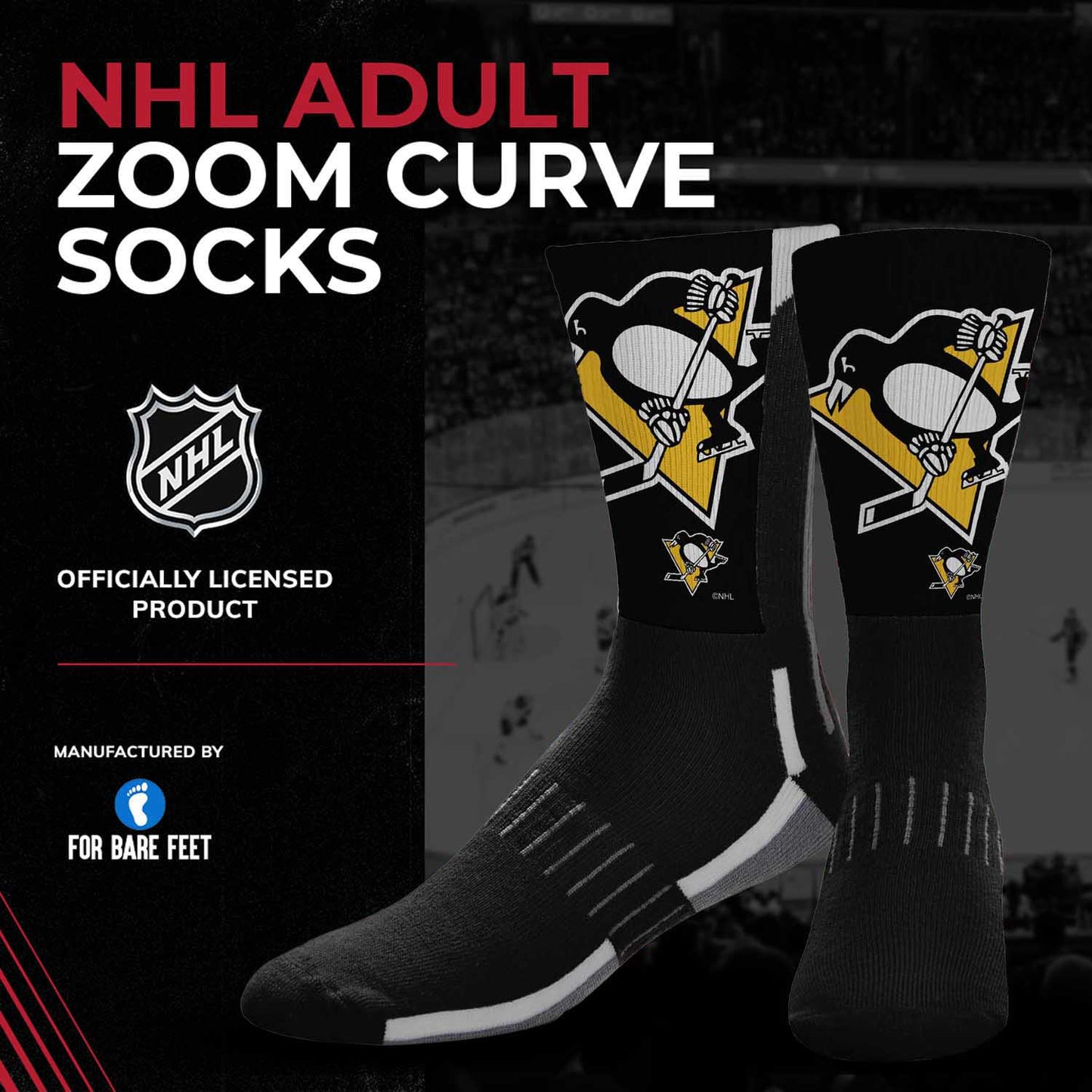 Pittsburgh Penguins Adult NHL Zoom Curve Team Crew Socks - Black