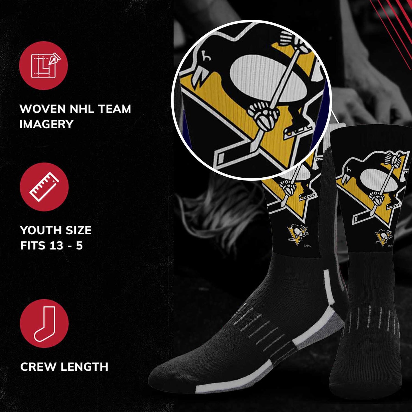 Pittsburgh Penguins Adult NHL Zoom Curve Team Crew Socks - Black