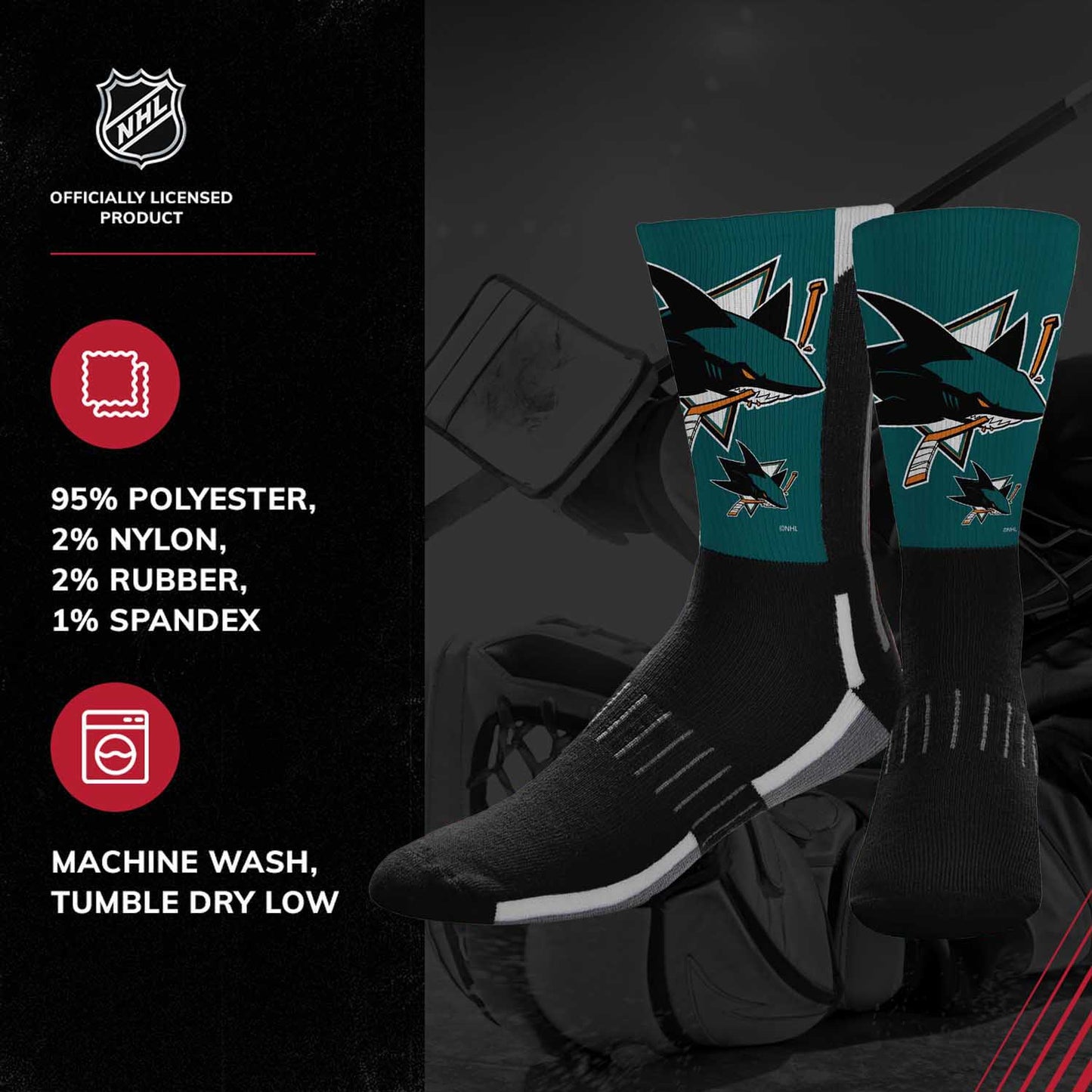 San Jose Sharks Adult NHL Zoom Curve Team Crew Socks - Black