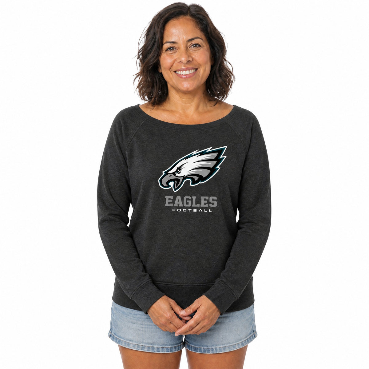 Philadelphia Eagles  Women NFL French Terry Slouchy Top Scoop Neckline - Charcoal
