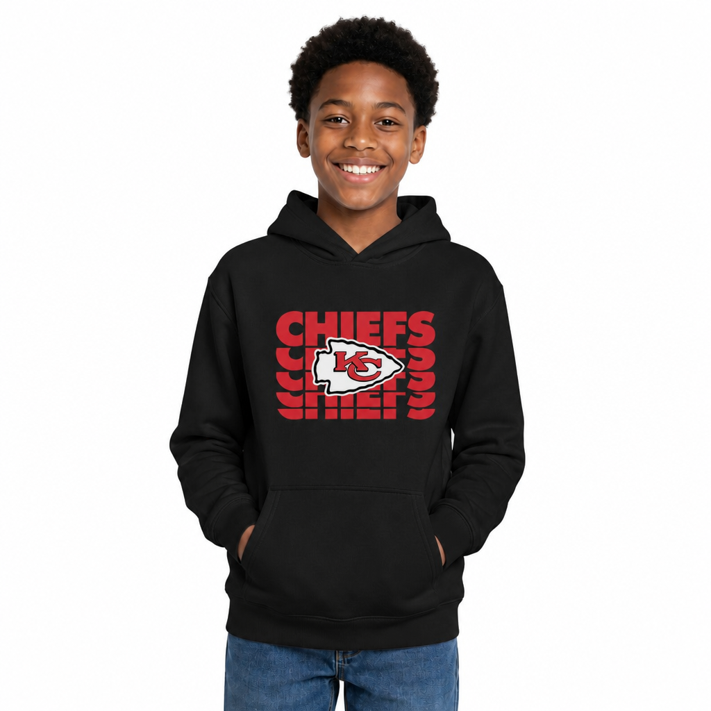 Kansas City Chiefs NFL Youth Repeating Logo Football Fleece Hooded Sweatshirt - Black