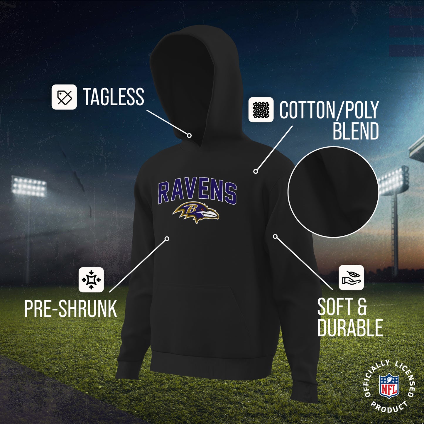 Baltimore Ravens NFL Youth Home Team Hoodie- Kids Hooded Sweatshirt - Black