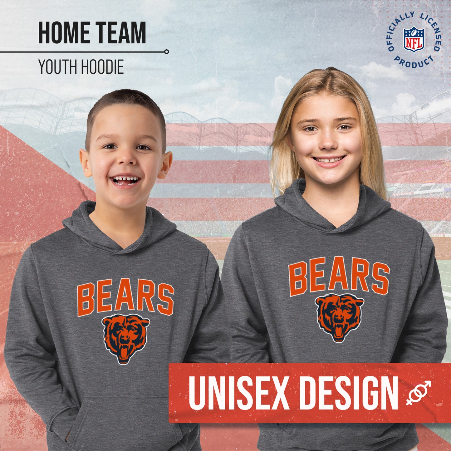 Chicago Bears NFL Youth Home Team Hoodie- Kids Hooded Sweatshirt - Sport Gray