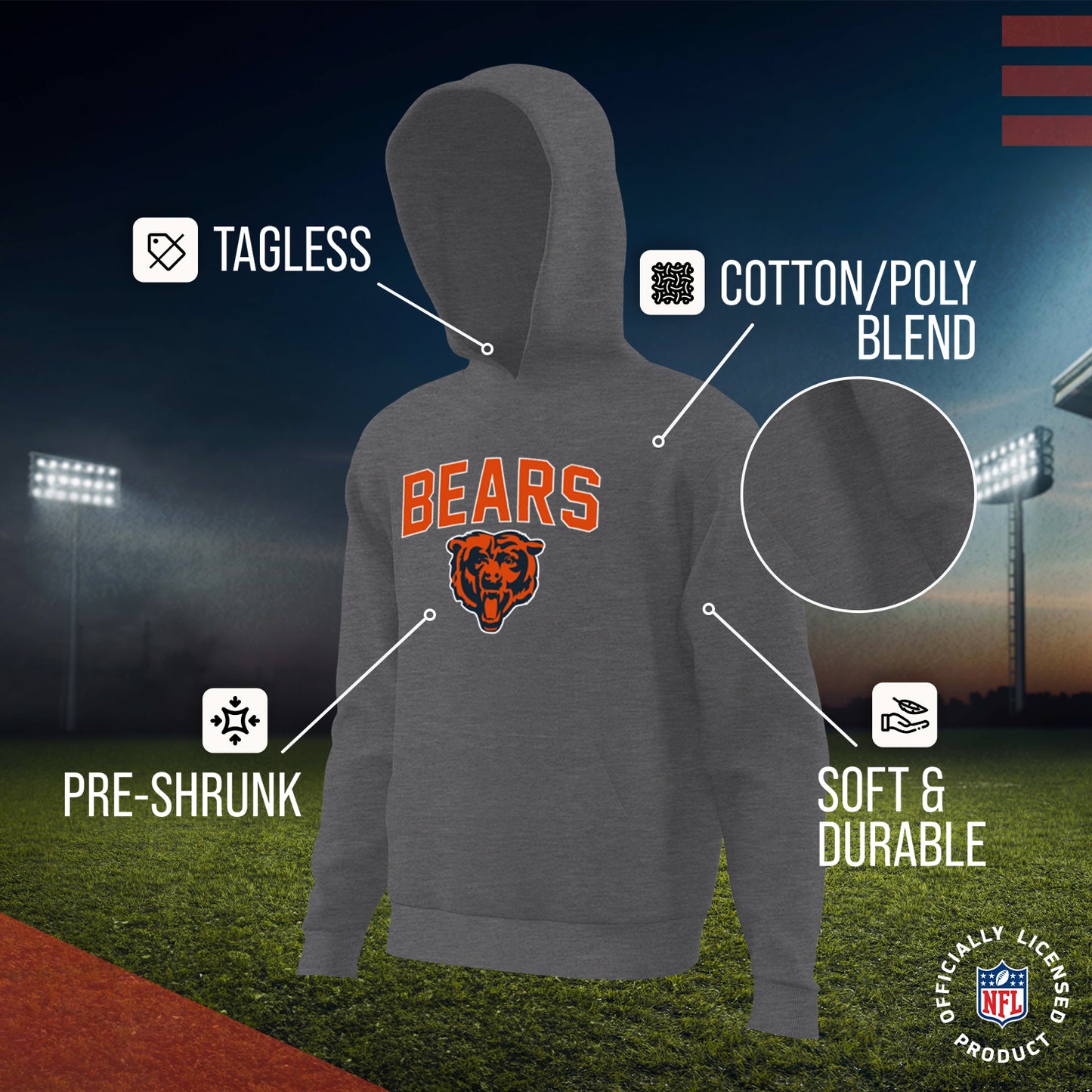 Chicago Bears NFL Youth Home Team Hoodie- Kids Hooded Sweatshirt - Sport Gray