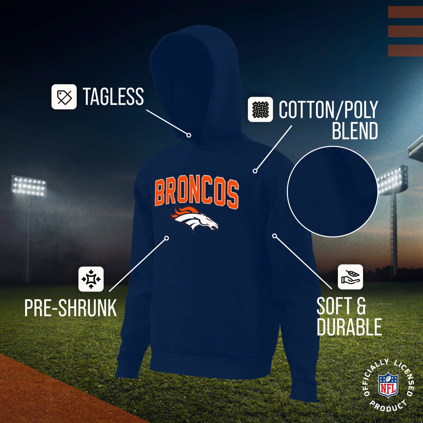 Denver Broncos NFL Youth Home Team Hoodie- Kids Hooded Sweatshirt - Navy