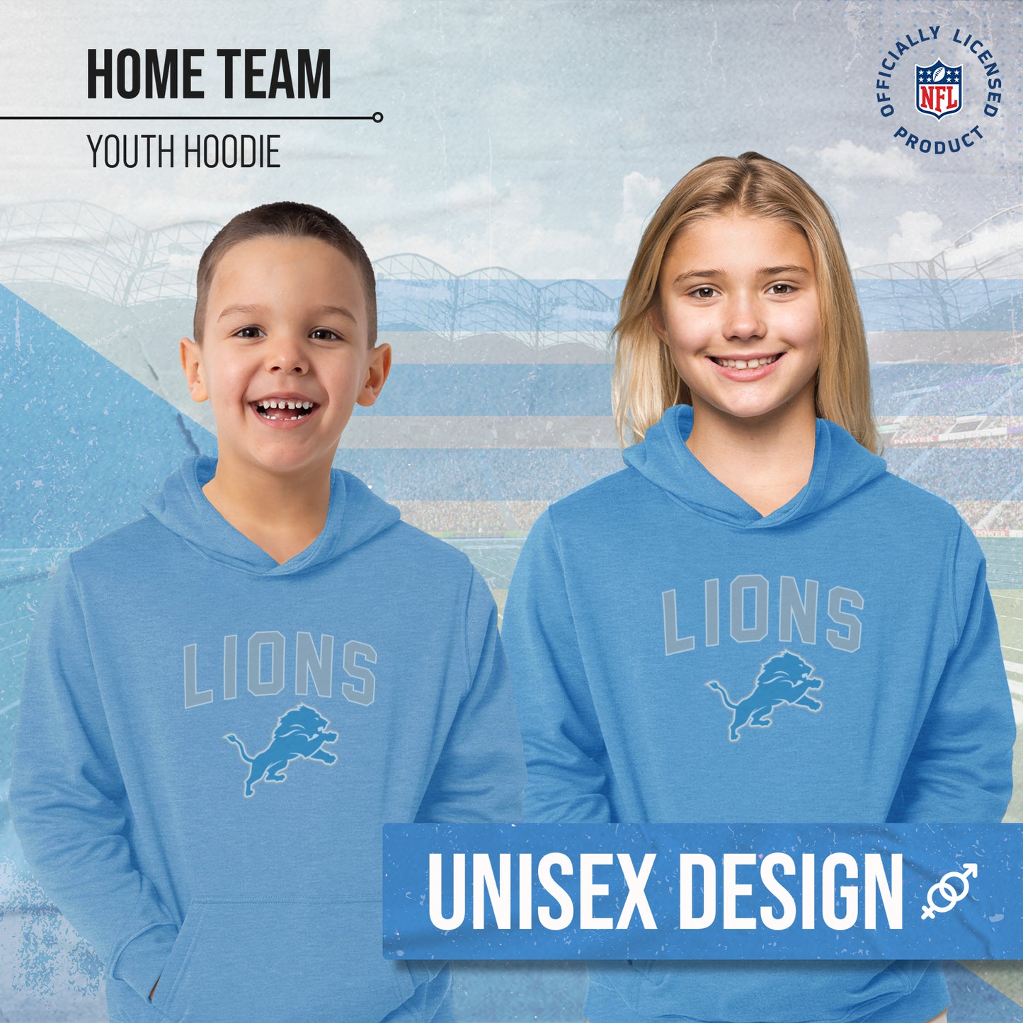 Detroit Lions NFL Youth Home Team Hoodie- Kids Hooded Sweatshirt - Light Blue