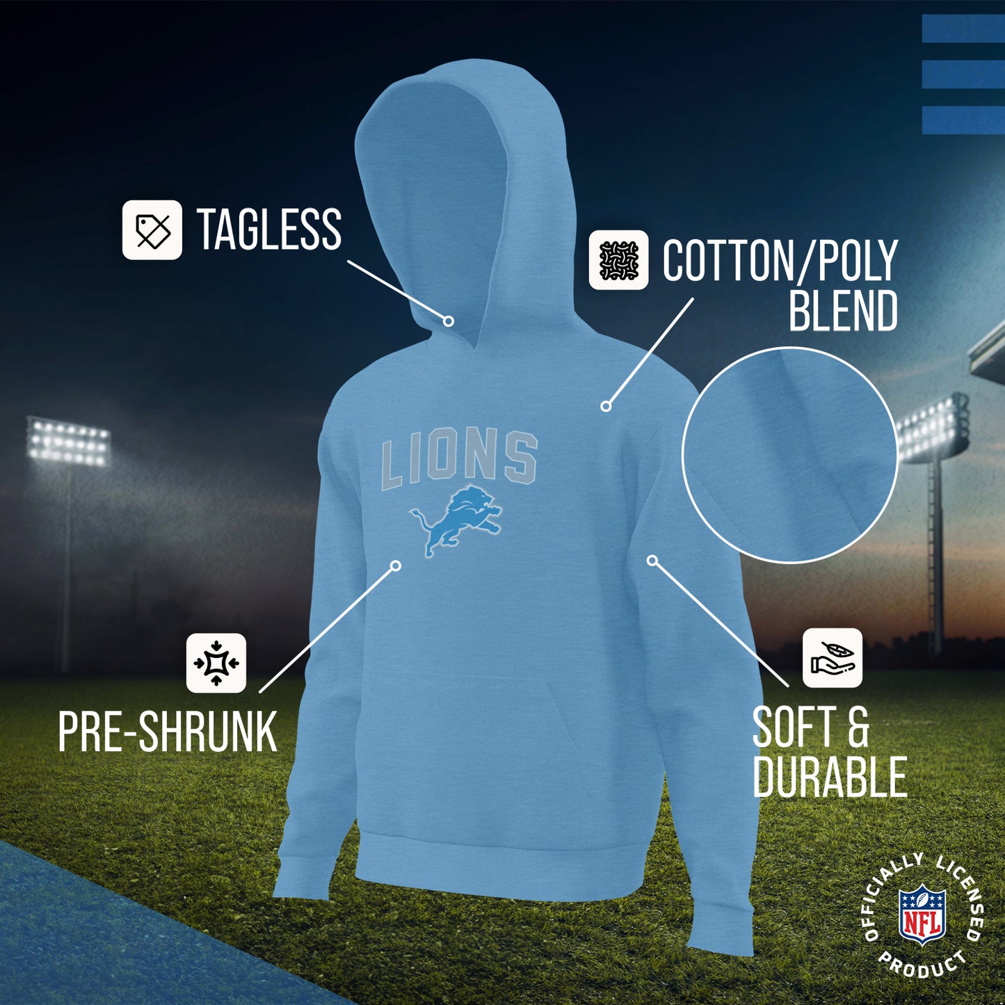 Detroit Lions NFL Youth Home Team Hoodie- Kids Hooded Sweatshirt - Light Blue