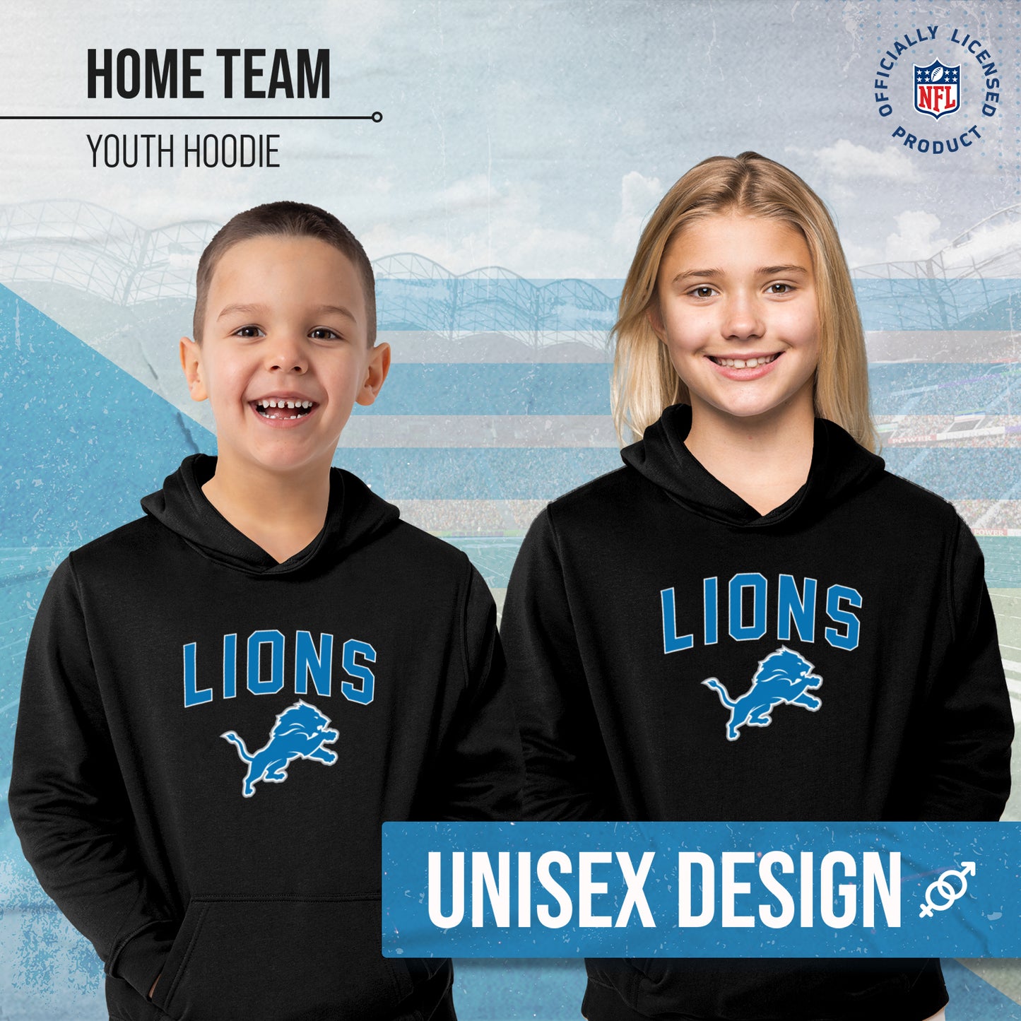 Detroit Lions NFL Youth Home Team Hoodie- Kids Hooded Sweatshirt - Black