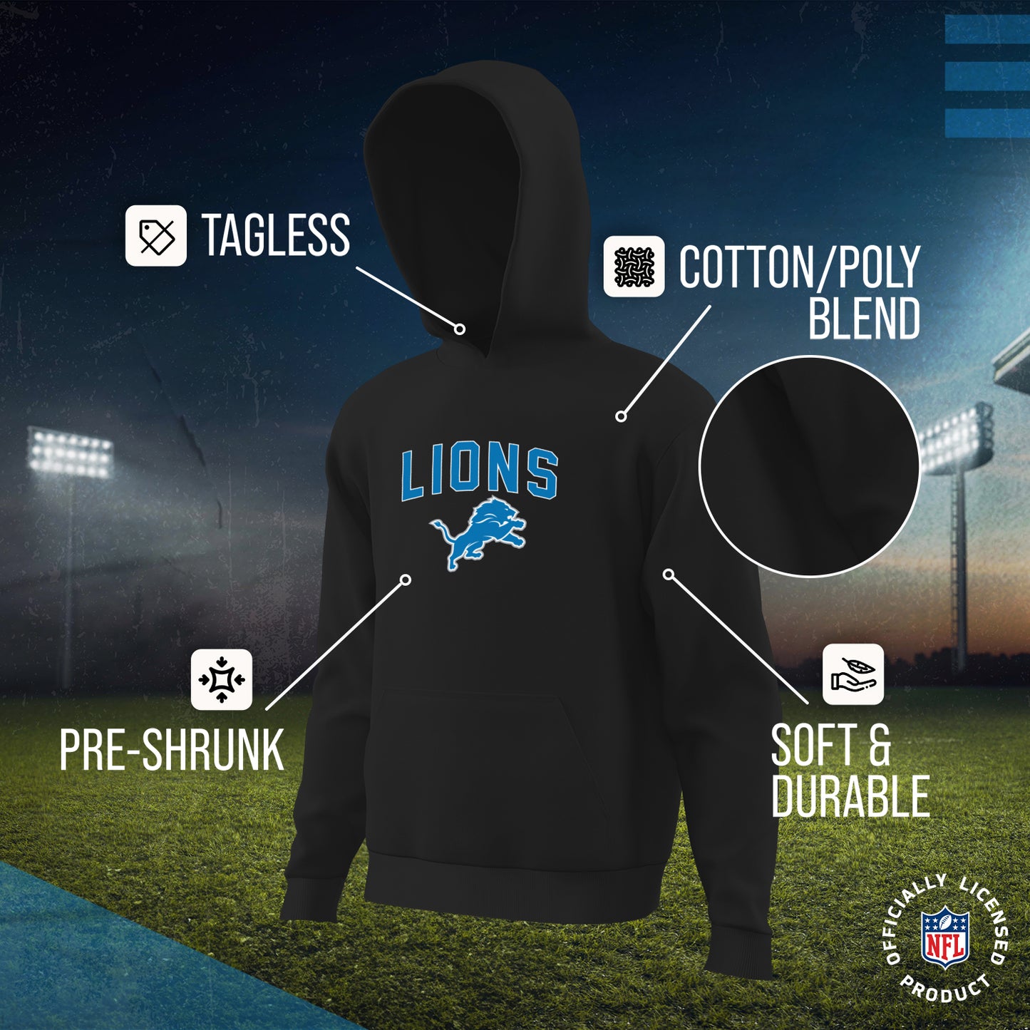 Detroit Lions NFL Youth Home Team Hoodie- Kids Hooded Sweatshirt - Black