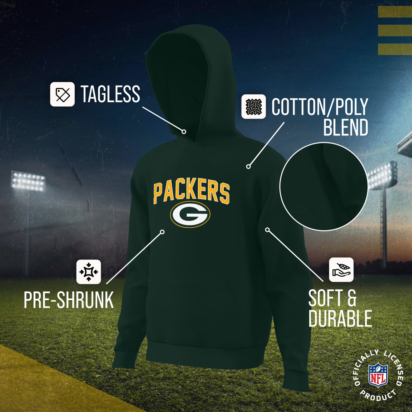 Green Bay Packers NFL Youth Home Team Hoodie- Kids Hooded Sweatshirt - Green
