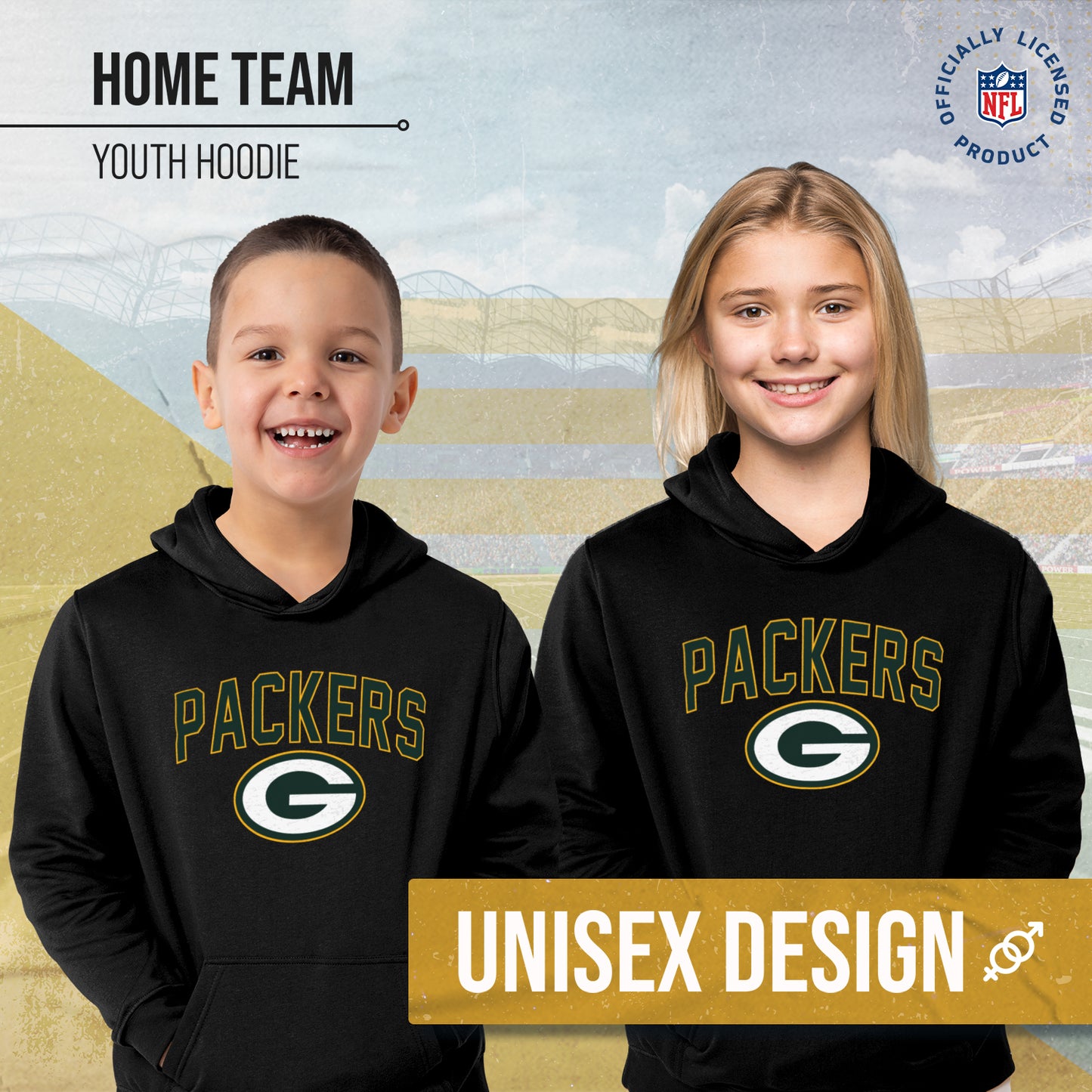 Green Bay Packers NFL Youth Home Team Hoodie- Kids Hooded Sweatshirt - Black