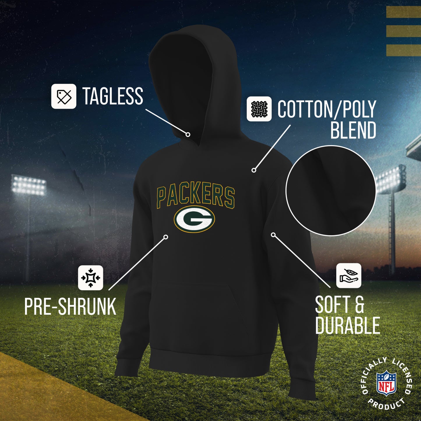 Green Bay Packers NFL Youth Home Team Hoodie- Kids Hooded Sweatshirt - Black