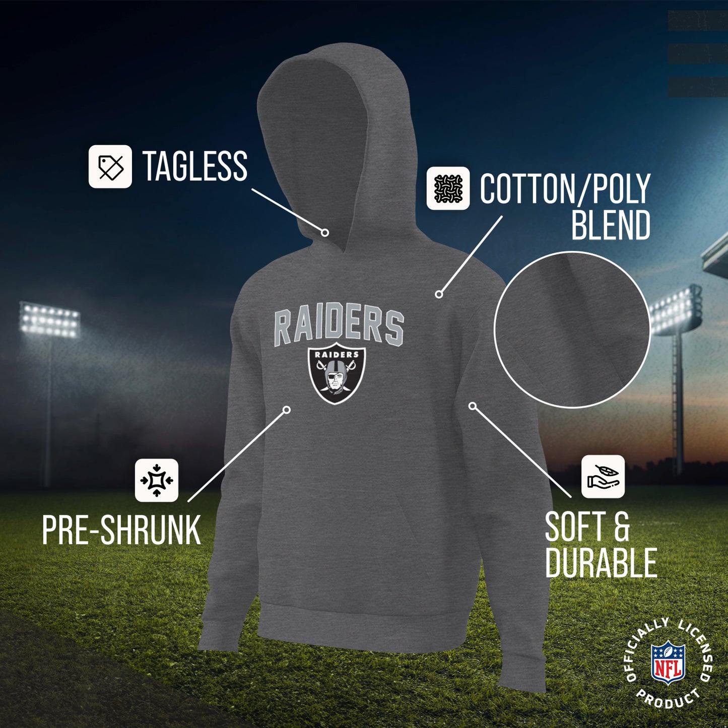 Las Vegas Raiders NFL Youth Home Team Hoodie- Kids Hooded Sweatshirt - Sport Gray