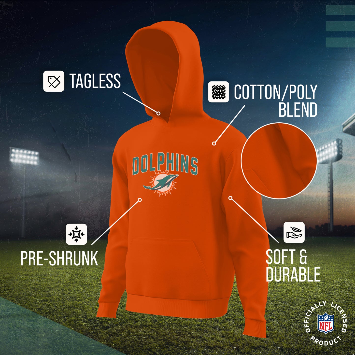 Miami Dolphins NFL Youth Home Team Hoodie- Kids Hooded Sweatshirt - Orange