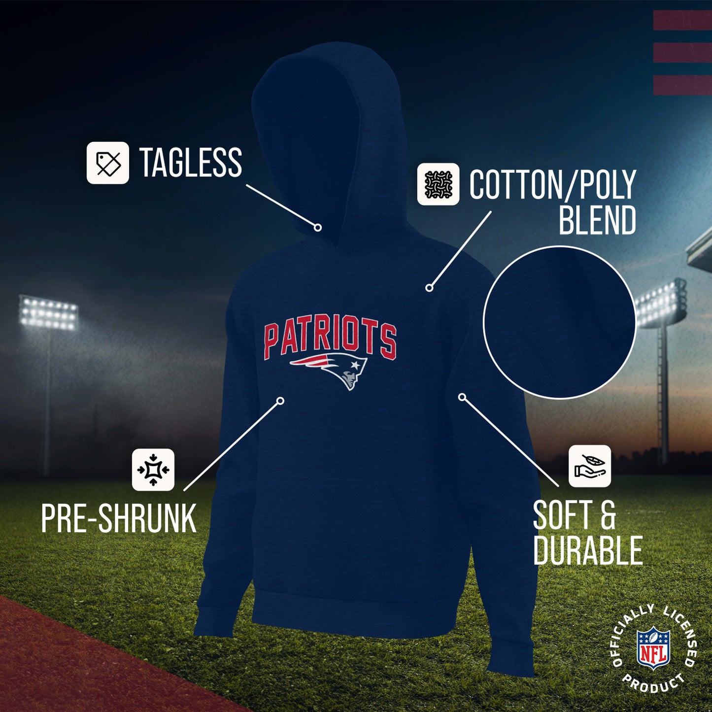New England Patriots NFL Youth Home Team Hoodie- Kids Hooded Sweatshirt - Navy