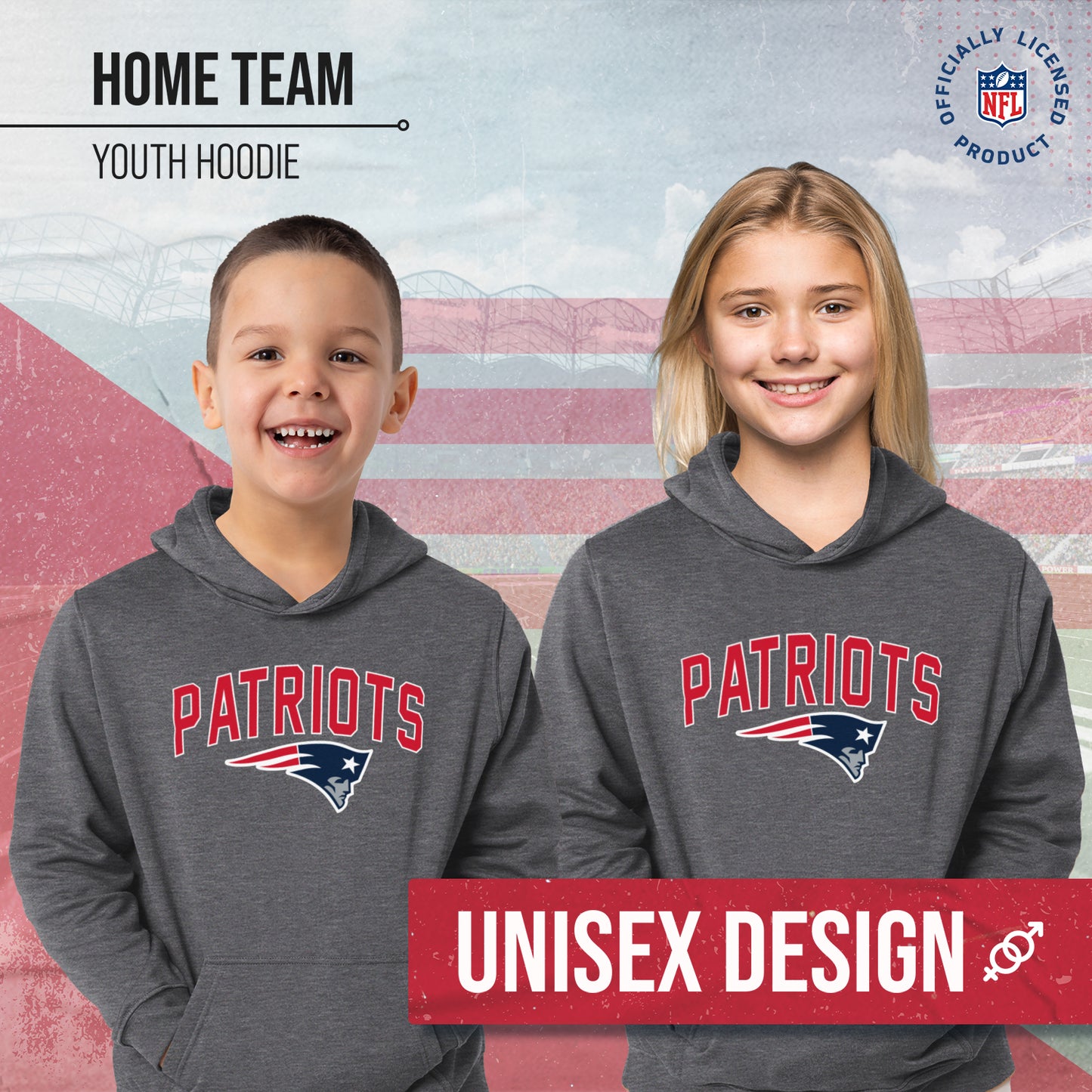 New England Patriots NFL Youth Home Team Hoodie- Kids Hooded Sweatshirt - Sport Gray