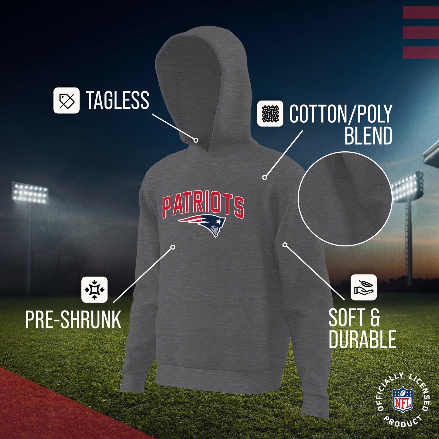 New England Patriots NFL Youth Home Team Hoodie- Kids Hooded Sweatshirt - Sport Gray
