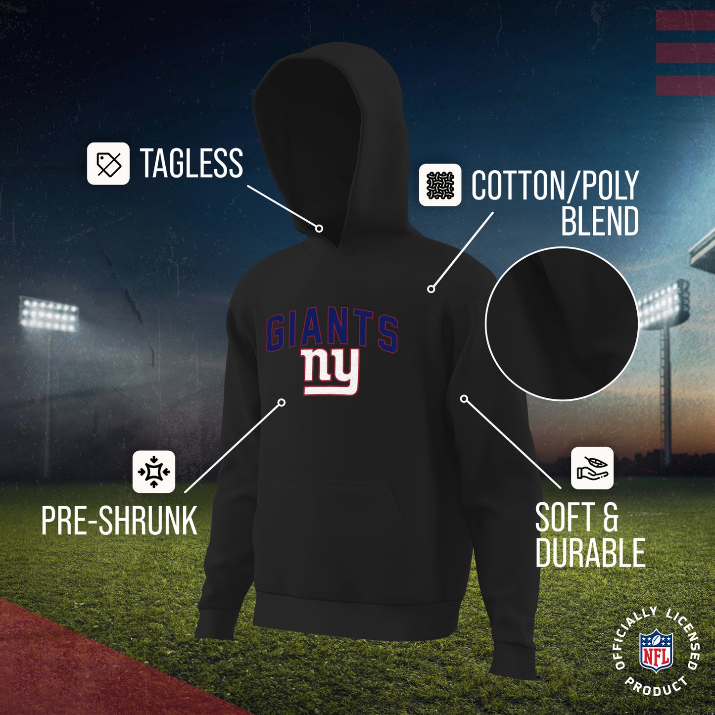 New York Giants NFL Youth Home Team Hoodie- Kids Hooded Sweatshirt - Black