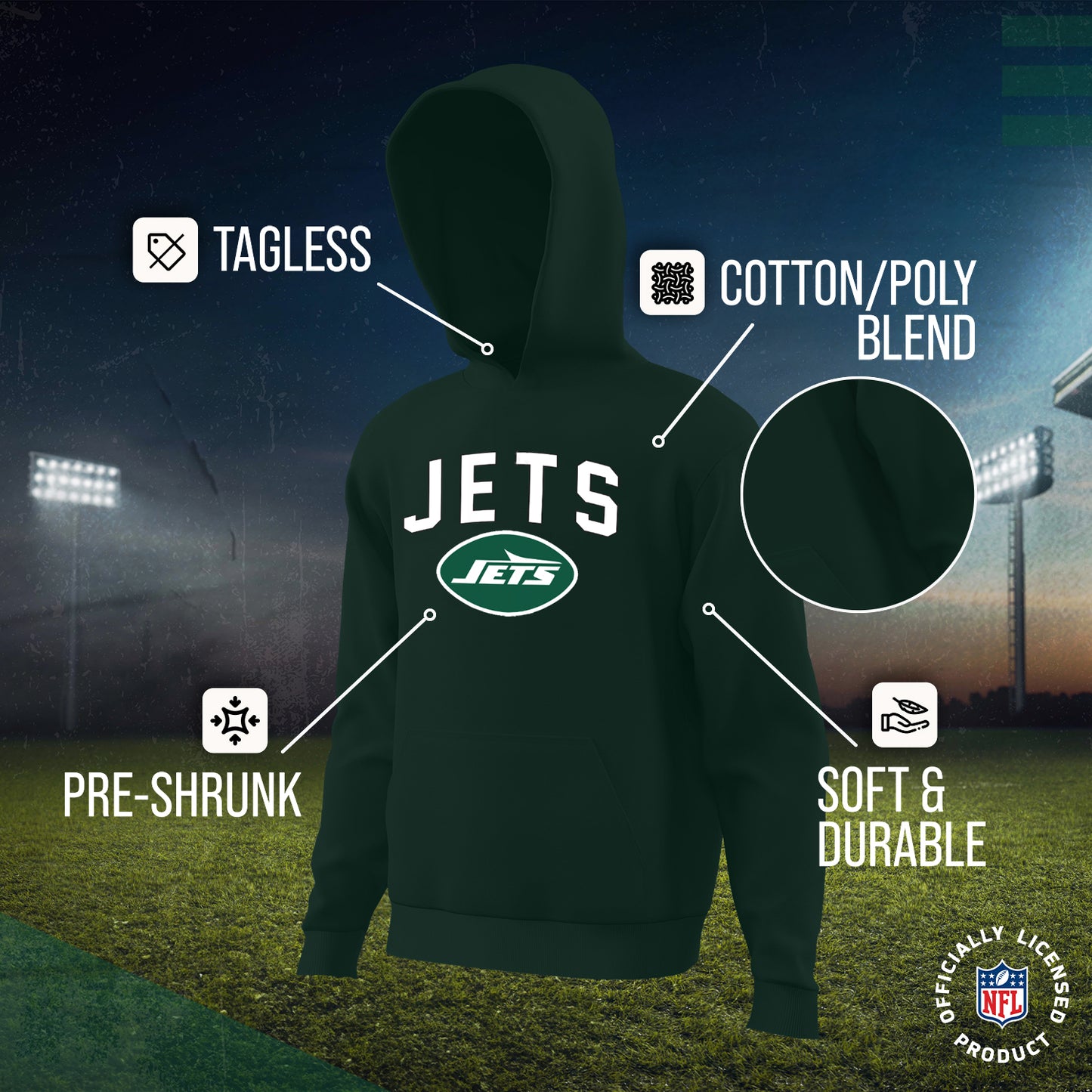 New York Jets NFL Youth Home Team Hoodie- Kids Hooded Sweatshirt - Green