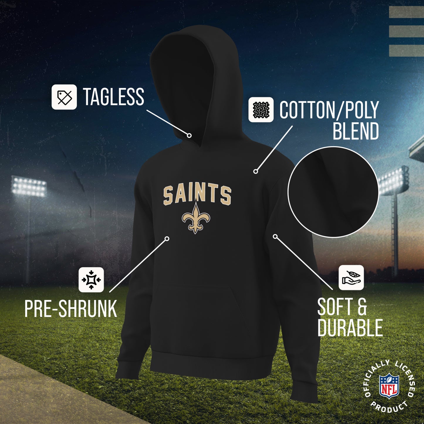 New Orleans Saints NFL Youth Home Team Hoodie- Kids Hooded Sweatshirt - Black