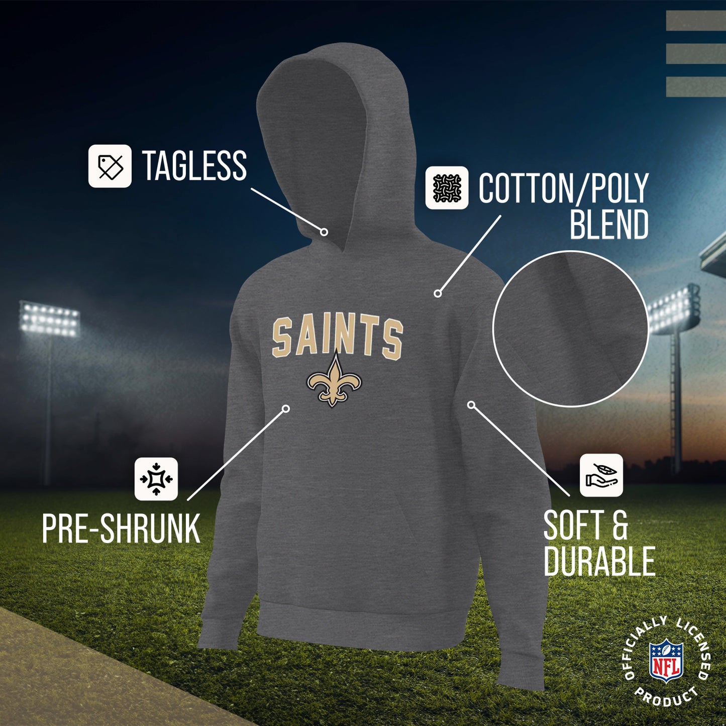 New Orleans Saints NFL Youth Home Team Hoodie- Kids Hooded Sweatshirt - Sport Gray
