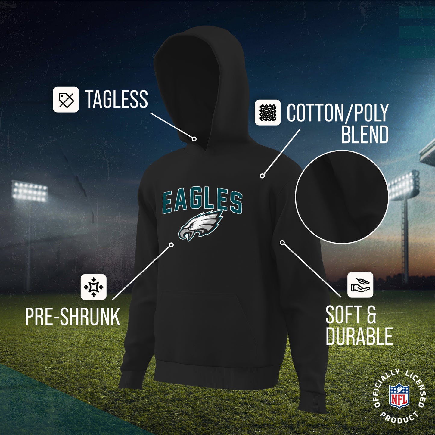 Philadelphia Eagles NFL Youth Home Team Hoodie- Kids Hooded Sweatshirt - Black