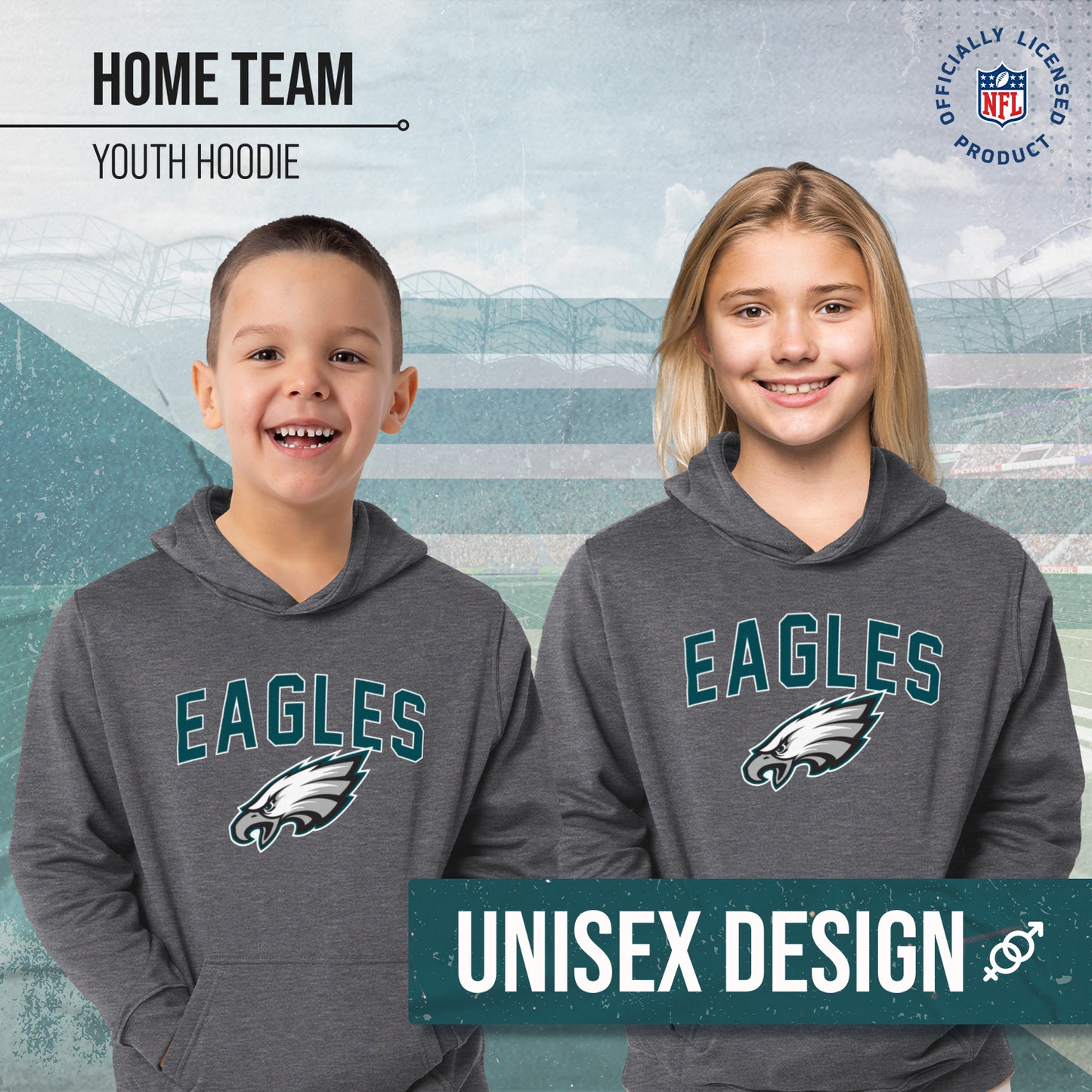 Philadelphia Eagles NFL Youth Home Team Hoodie- Kids Hooded Sweatshirt - Sport Gray