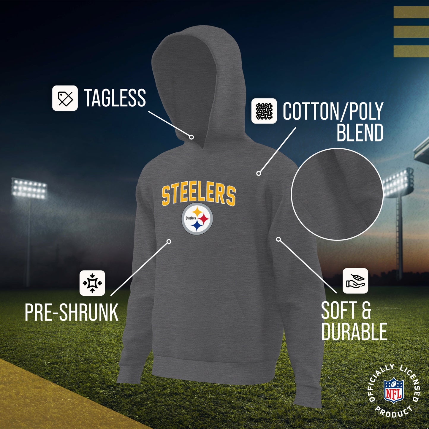 Pittsburgh Steelers NFL Youth Home Team Hoodie- Kids Hooded Sweatshirt - Sport Gray