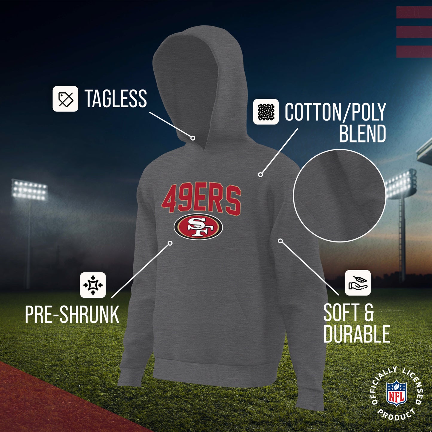 San Francisco 49ers NFL Youth Home Team Hoodie- Kids Hooded Sweatshirt - Sport Gray