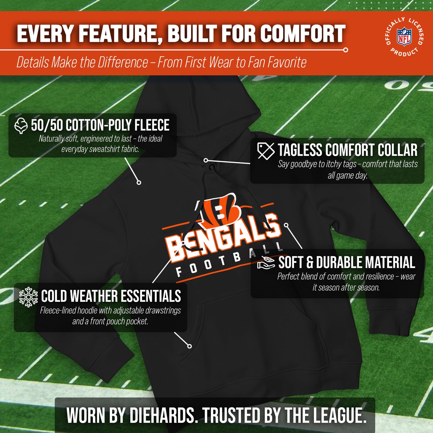 Cincinnati Bengals NFL Adult True Fan Hooded Charcoal Sweatshirt - Charcoal