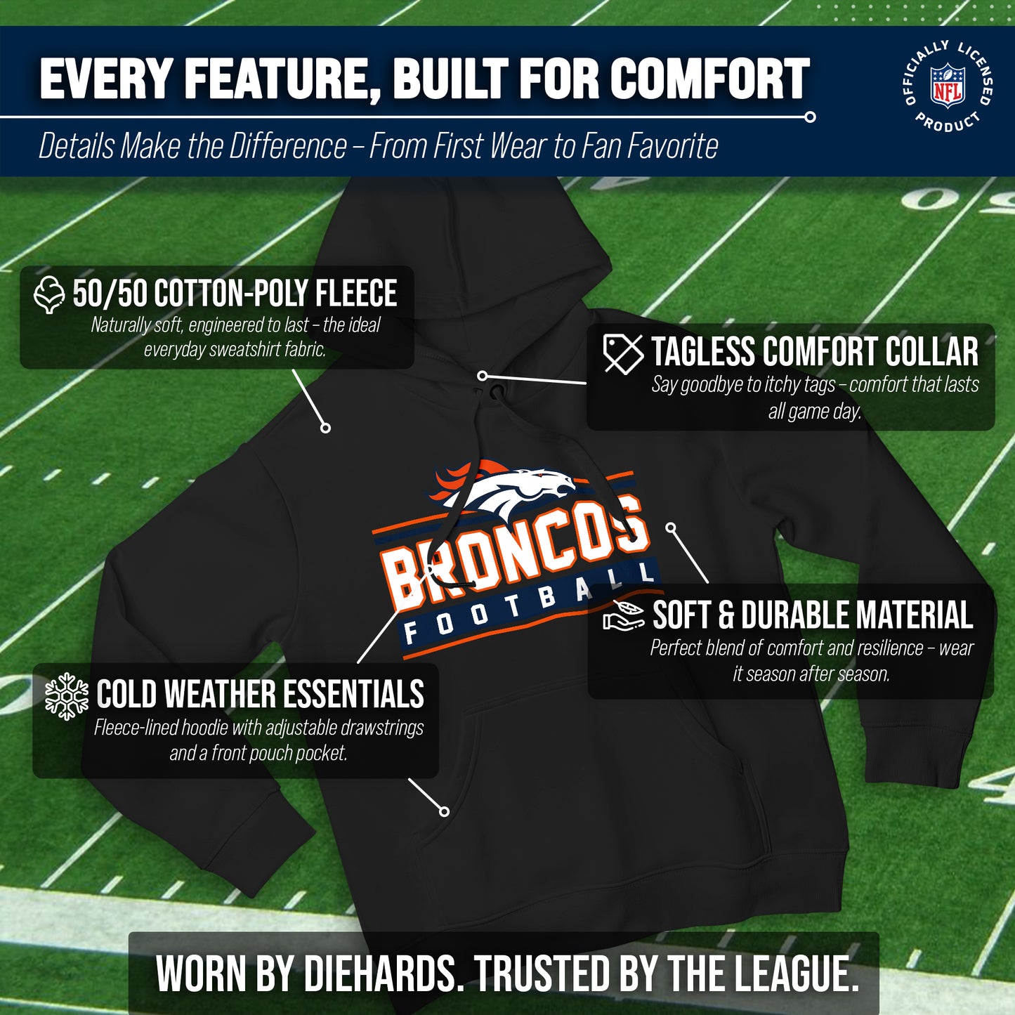 Denver Broncos NFL Adult True Fan Hooded Charcoal Sweatshirt - Charcoal