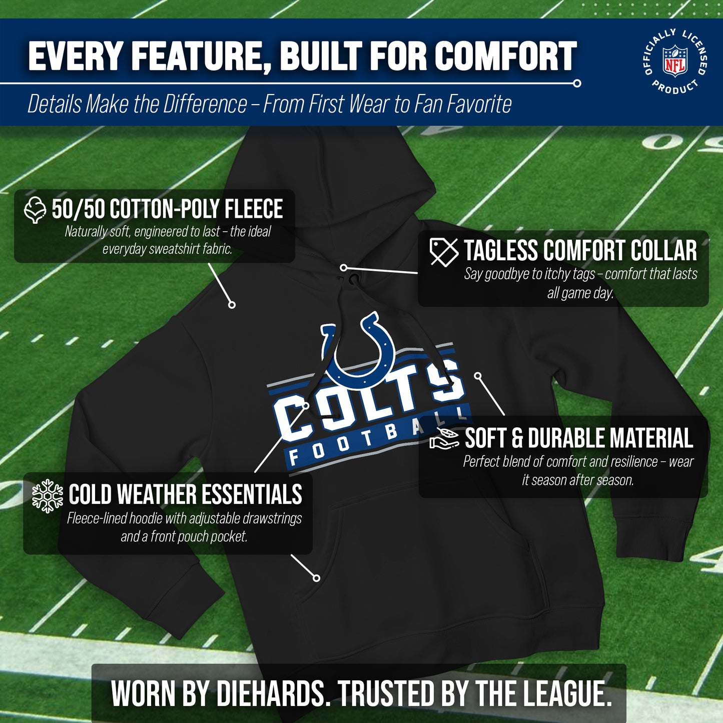 Indianapolis Colts NFL Adult True Fan Hooded Charcoal Sweatshirt - Charcoal