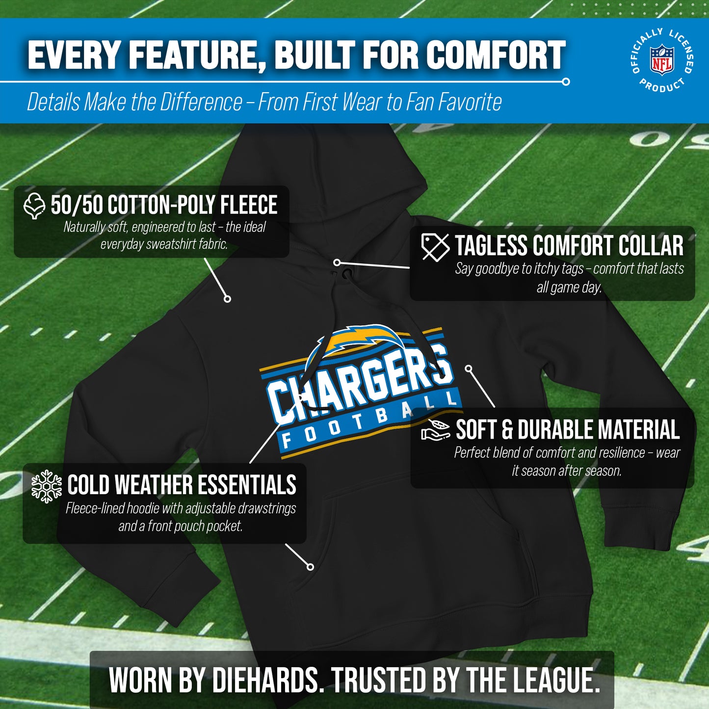 Los Angeles Chargers NFL Adult True Fan Hooded Charcoal Sweatshirt - Charcoal