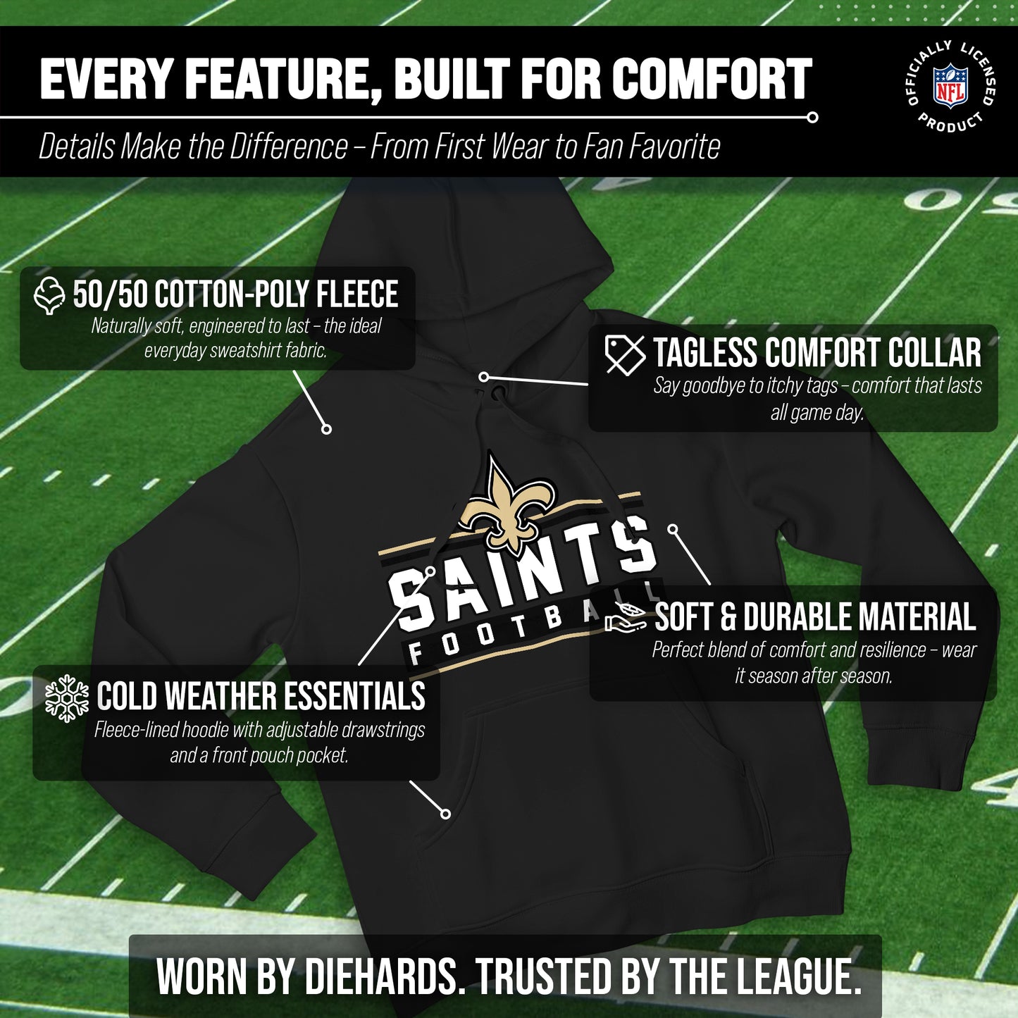 New Orleans Saints NFL Adult True Fan Hooded Charcoal Sweatshirt - Charcoal