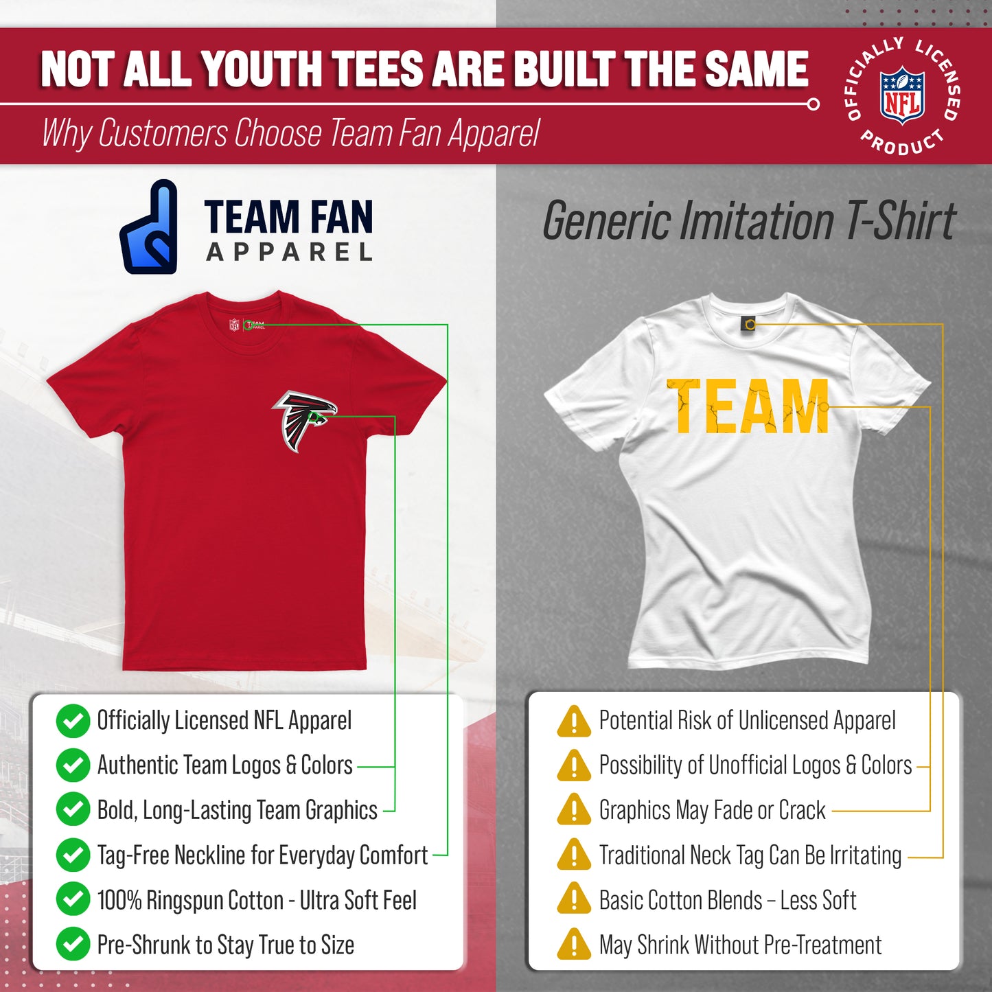 Atlanta Falcons Team Fan Apparel NFL Youth Final Countdown Tee- Pro Football T-Shirt For Boys & Girls - Red