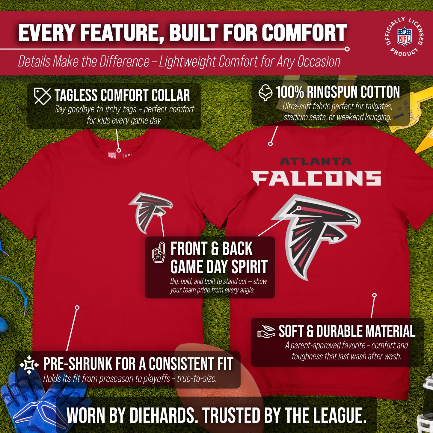 Atlanta Falcons Team Fan Apparel NFL Youth Final Countdown Tee- Pro Football T-Shirt For Boys & Girls - Red