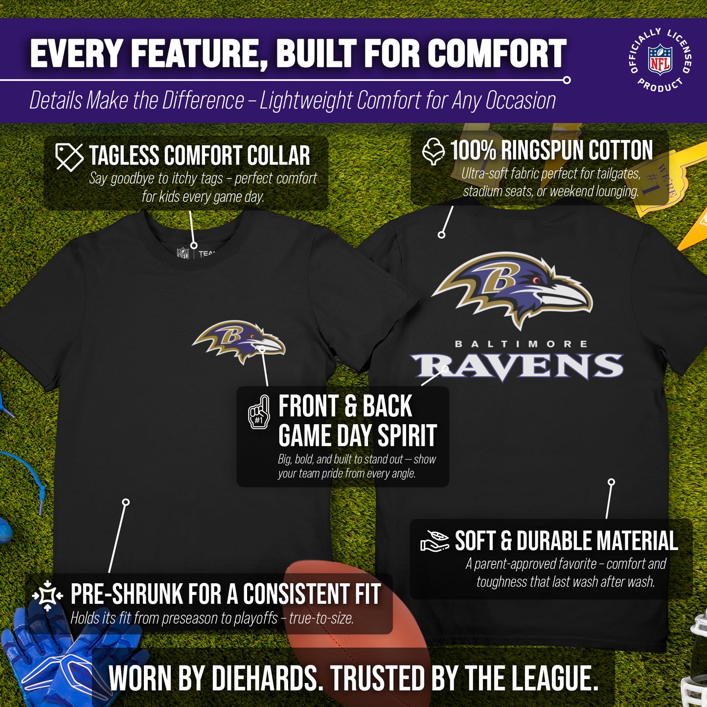 Baltimore Ravens Team Fan Apparel NFL Youth Final Countdown Tee- Pro Football T-Shirt For Boys & Girls - Black