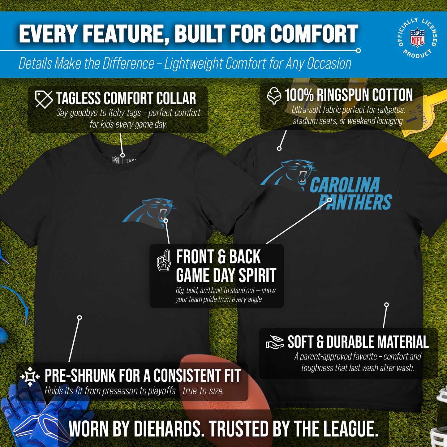 Carolina Panthers Team Fan Apparel NFL Youth Final Countdown Tee- Pro Football T-Shirt For Boys & Girls - Black