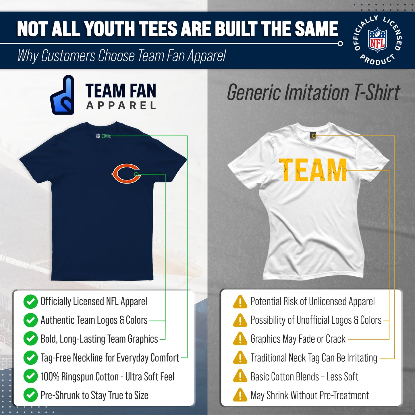 Chicago Bears Team Fan Apparel NFL Youth Final Countdown Tee- Pro Football T-Shirt For Boys & Girls - Navy