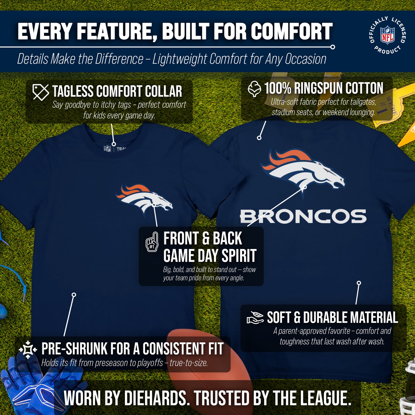 Denver Broncos Team Fan Apparel NFL Youth Final Countdown Tee- Pro Football T-Shirt For Boys & Girls - Navy