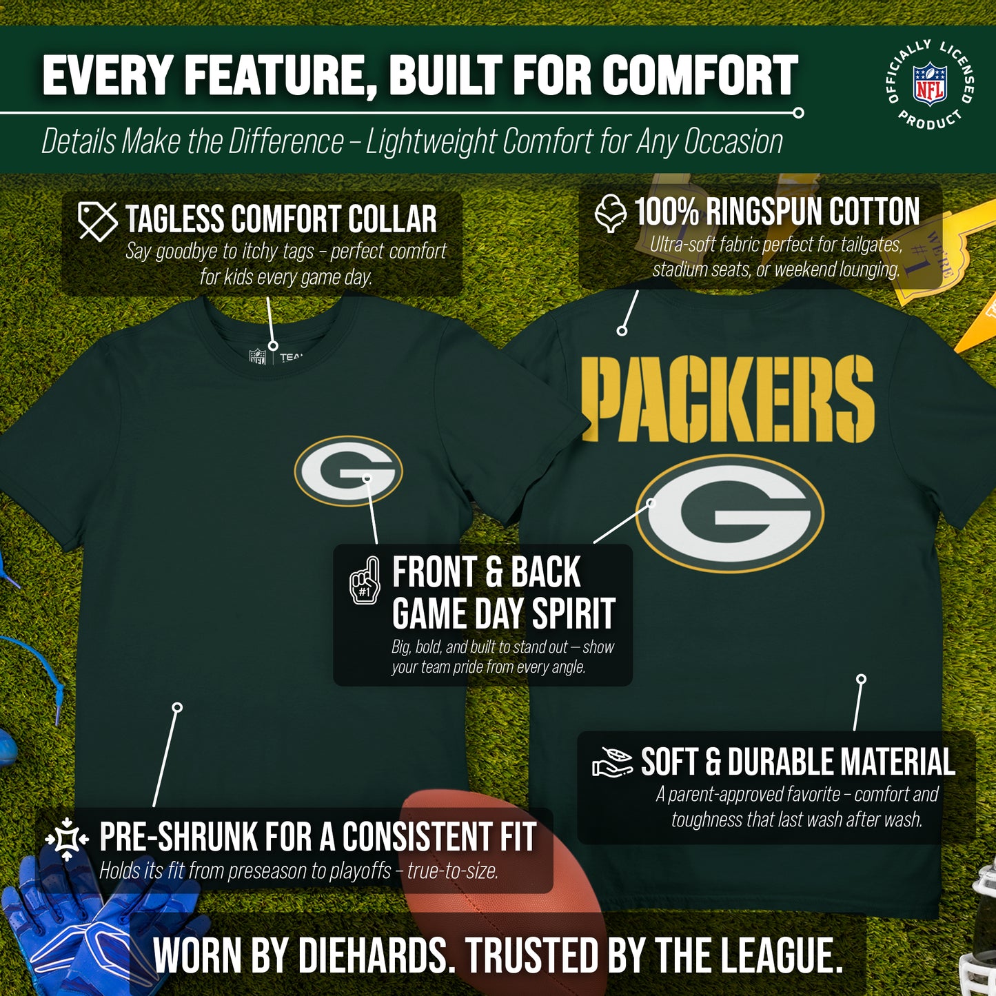 Green Bay Packers Team Fan Apparel NFL Youth Final Countdown Tee- Pro Football T-Shirt For Boys & Girls - Green